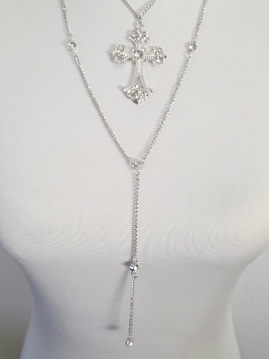 Silver Layered Cross Pendant Necklace - Picture 8 of 9